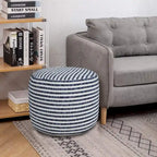 Pouf rond rayé bleu et blanc de 18 po