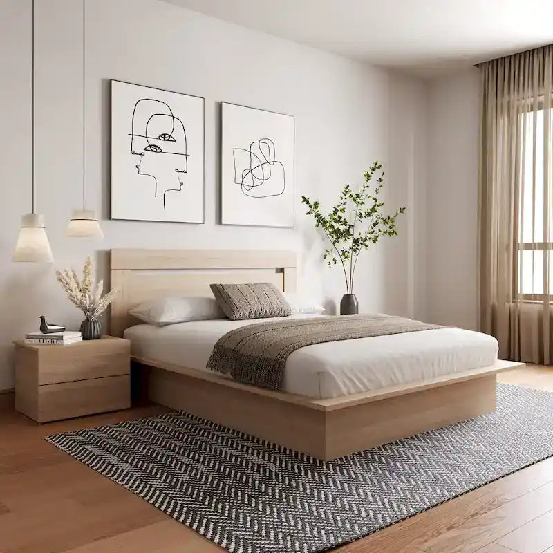 Chambre à coucher avec lit, tête de lit et table de chevet