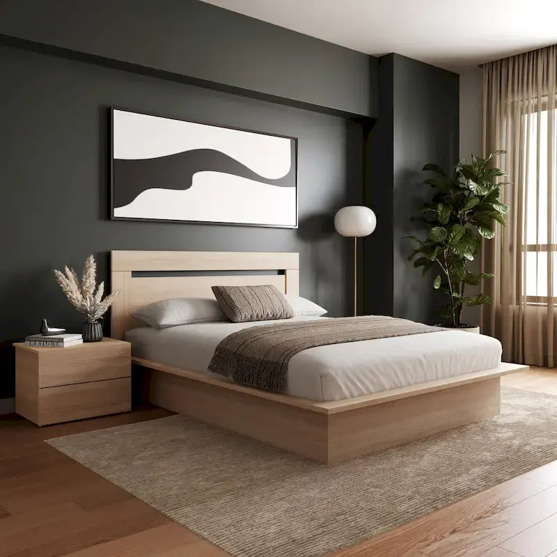 Chambre à coucher avec lit, tête de lit et table de chevet