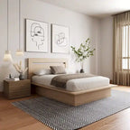 Chambre à coucher avec lit, tête de lit et table de chevet