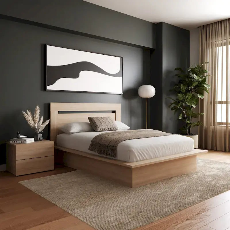 Chambre à coucher avec lit, tête de lit et table de chevet