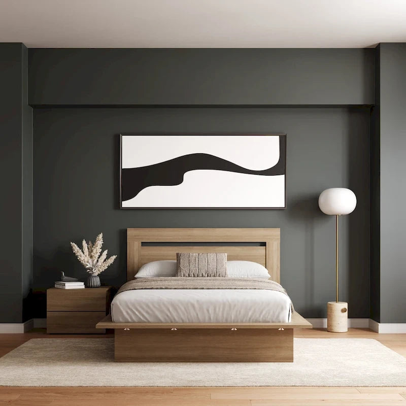 Chambre à coucher avec lit, tête de lit et table de chevet