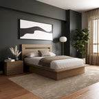 Chambre à coucher avec lit, tête de lit et table de chevet