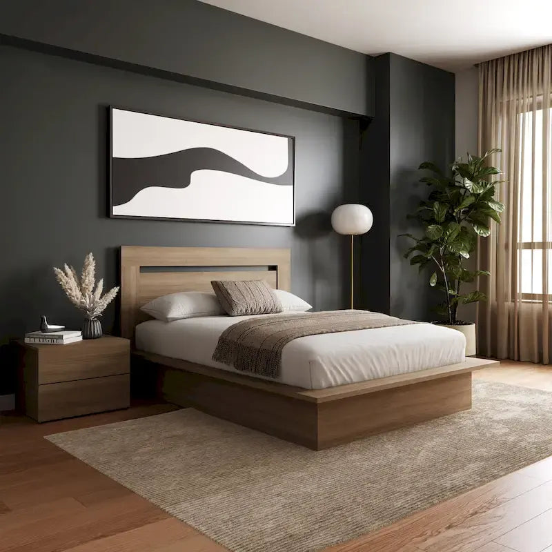 Chambre à coucher avec lit, tête de lit et table de chevet