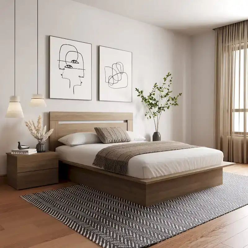 Chambre à coucher avec lit, tête de lit et table de chevet