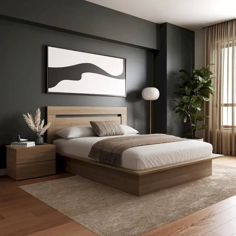 Chambre à coucher avec lit, tête de lit et table de chevet