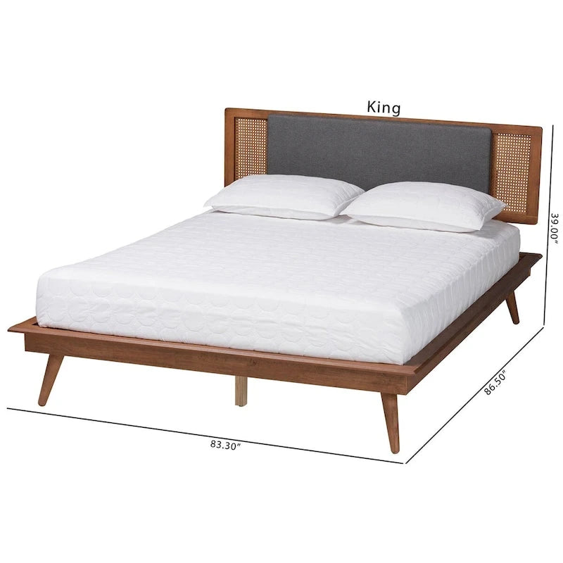 Lit plateforme moderne du milieu du siècle en tissu gris foncé et bois de noyer.