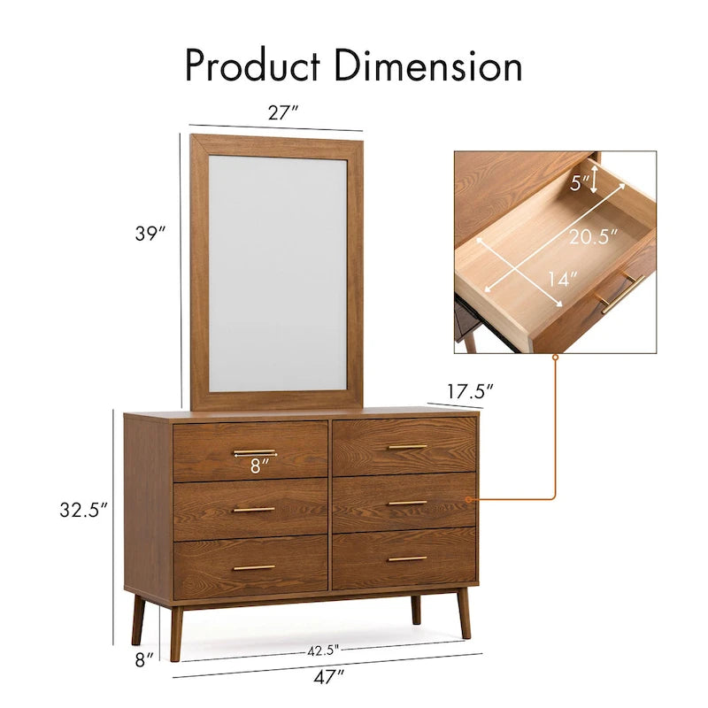 Commode et miroir deux pièces en noyer du milieu du siècle