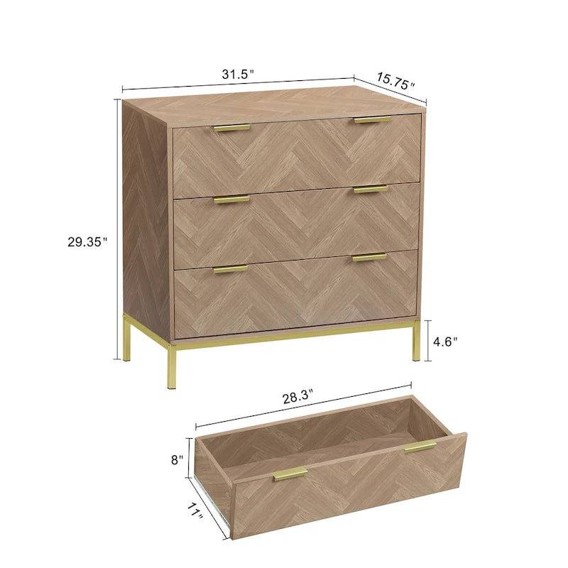 Commode en bois à 3 tiroirs de style moderne du milieu du siècle, commode en chêne naturel pour chambre à coucher