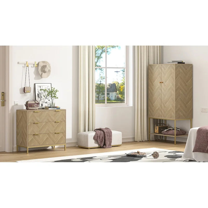 Commode en bois à 3 tiroirs de style moderne du milieu du siècle, commode en chêne naturel pour chambre à coucher