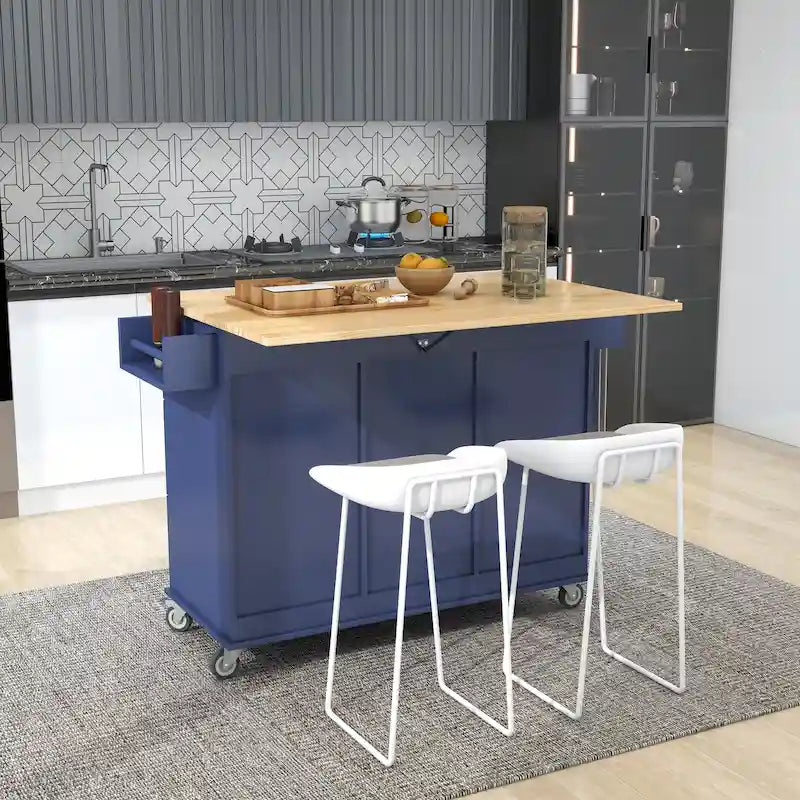 Îlot de cuisine roulant blanc avec plateau en bois massif, roues verrouillables, rangement et plus