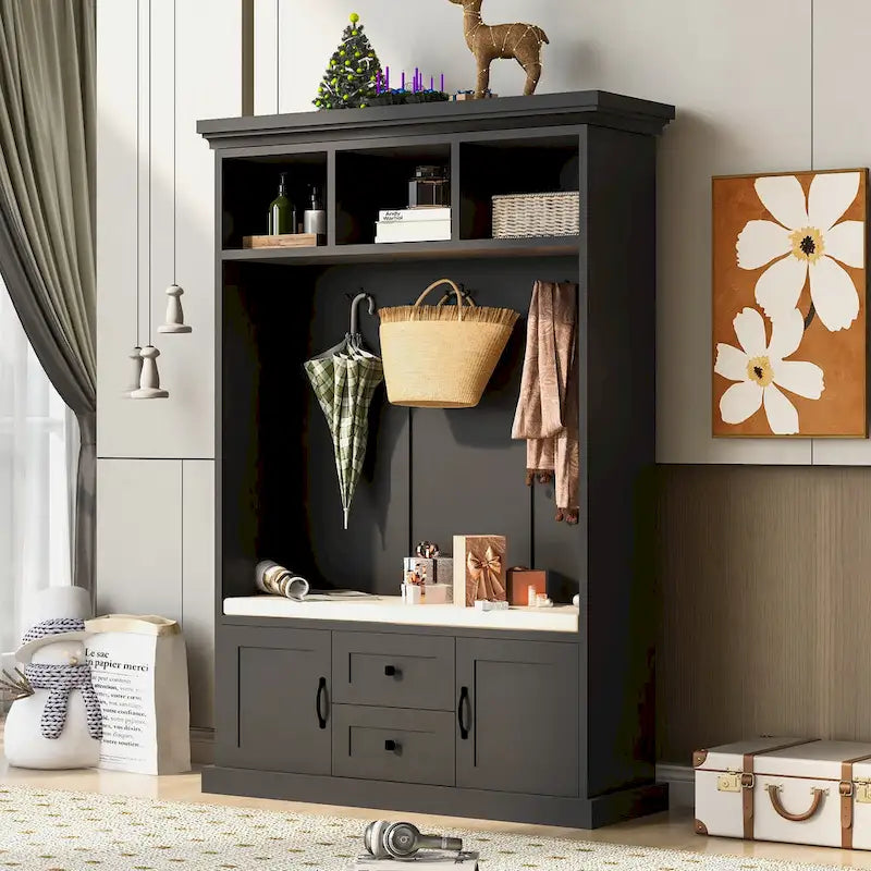 Porte-manteau d'entrée 3-en-1 avec 3 patères et banc de rangement - 120 l x 180 h x 40 P cm