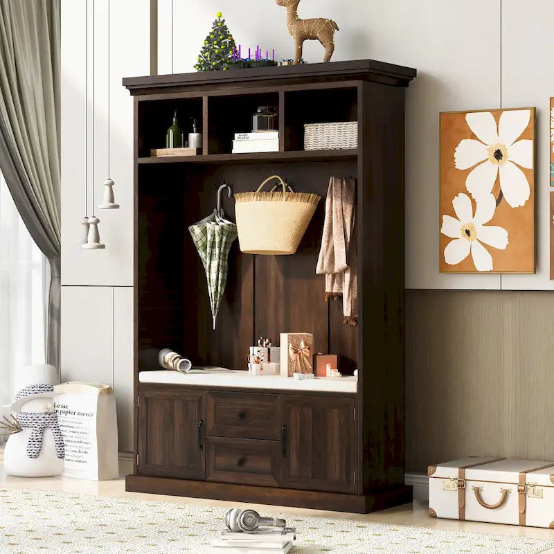 Porte-manteau d'entrée 3-en-1 avec 3 patères et banc de rangement - 120 l x 180 h x 40 P cm