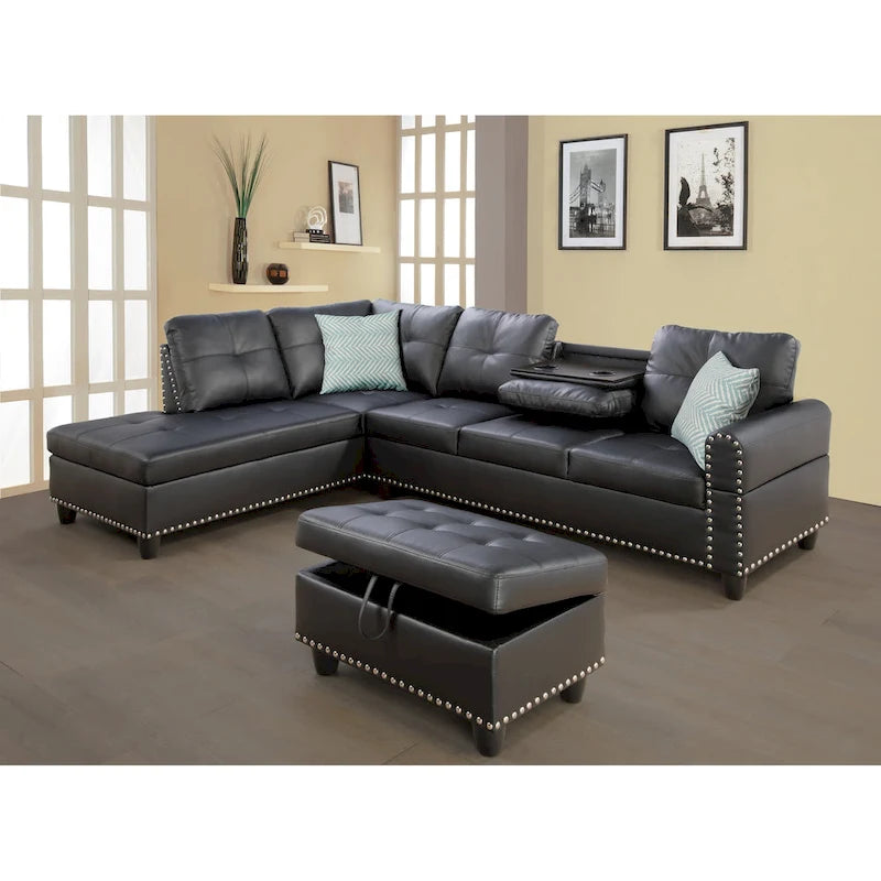 Canapé d'angle en similicuir avec pouf - 98 larg. x 71 prof. x 33 haut.