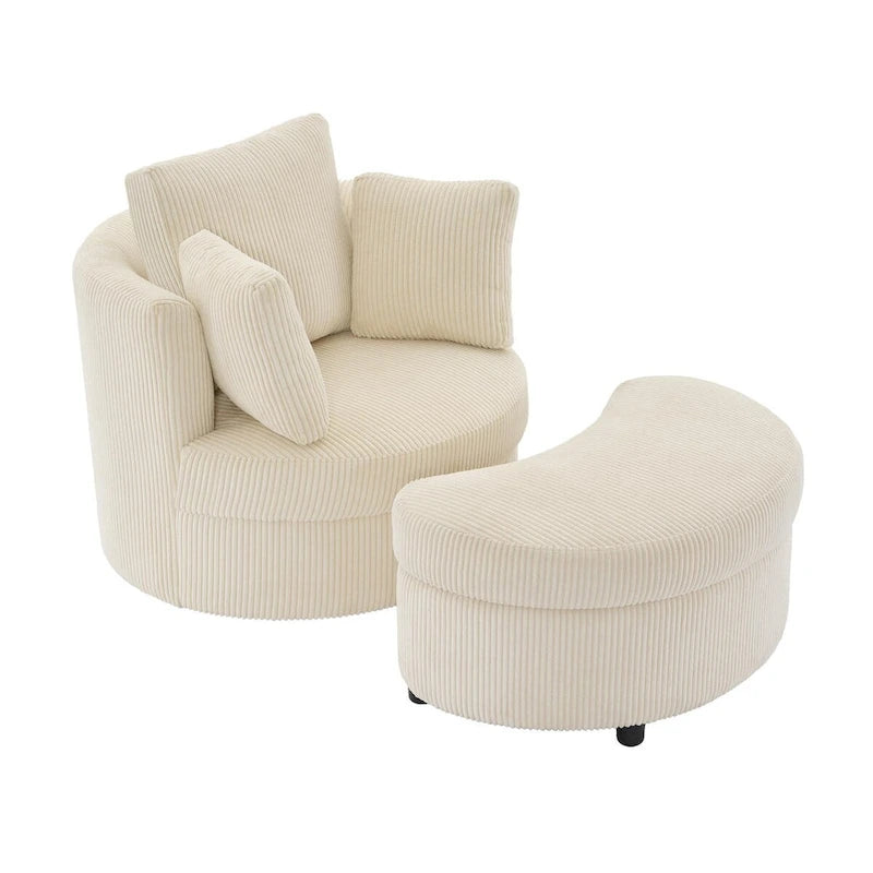 Fauteuil d'appoint en velours côtelé, fauteuil baquet avec pouf et coussins de dossier pour salon