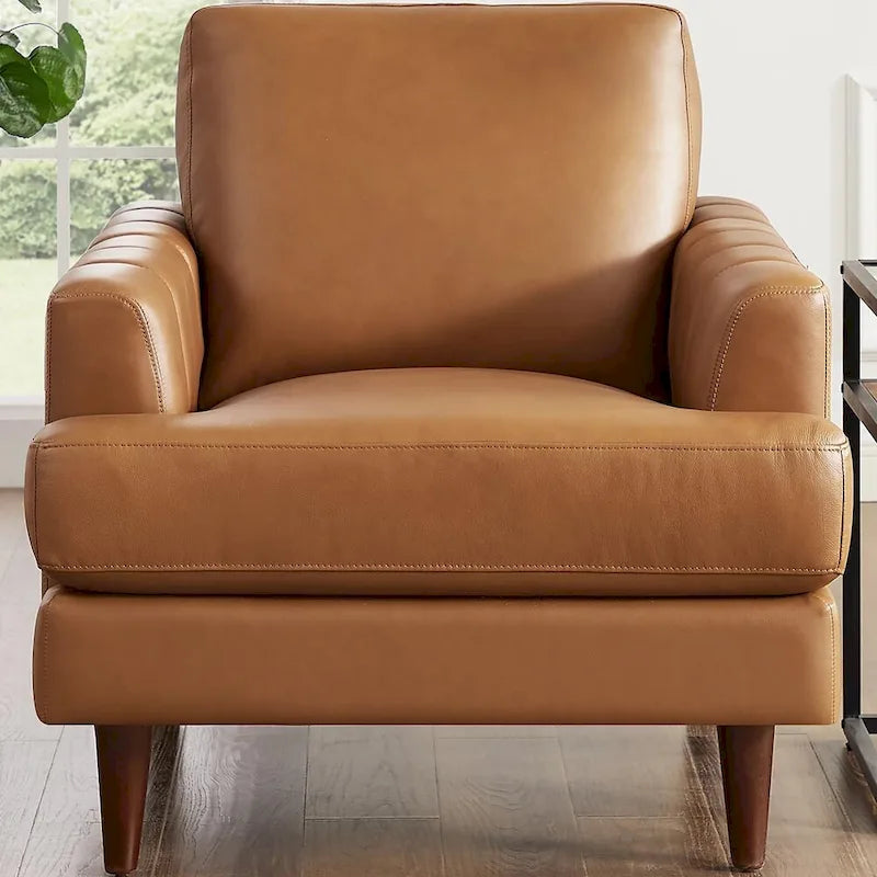 Fauteuil en cuir pleine fleur avec plumes, mousse à mémoire de forme et ressorts
