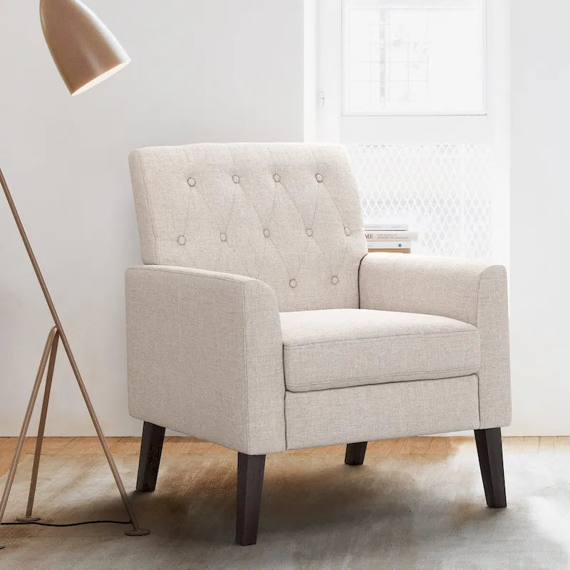 Fauteuil d'appoint capitonné moderne du milieu du siècle avec pieds en noyer et lin – 29,53 H X 30 L X 33,07 P