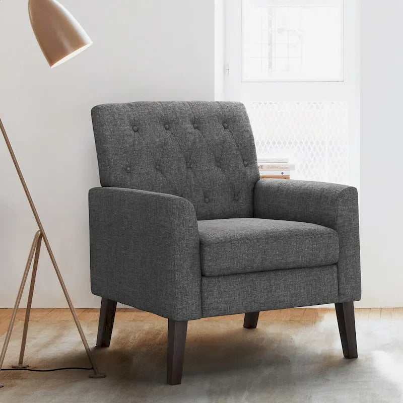 Fauteuil d'appoint capitonné moderne du milieu du siècle avec pieds en noyer et lin – 29,53 H X 30 L X 33,07 P