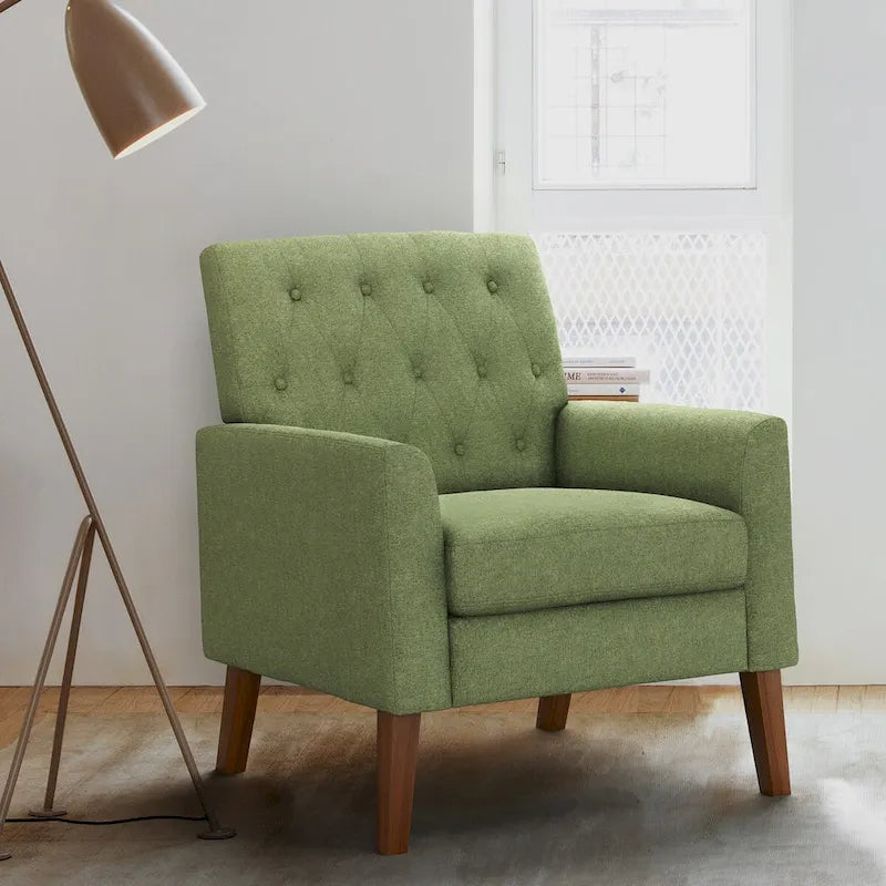 Fauteuil d'appoint capitonné moderne du milieu du siècle avec pieds en noyer et lin – 29,53 H X 30 L X 33,07 P