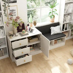 Banc de rangement à chaussures blanc pour entrée avec coussin noir et tiroirs