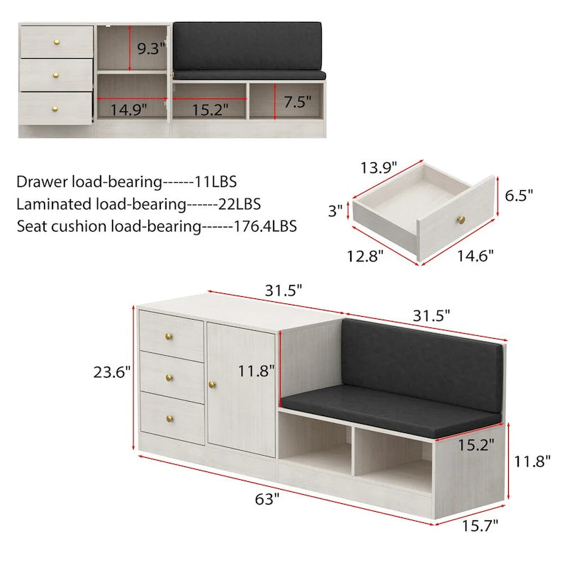 Banc de rangement à chaussures blanc pour entrée avec coussin noir et tiroirs