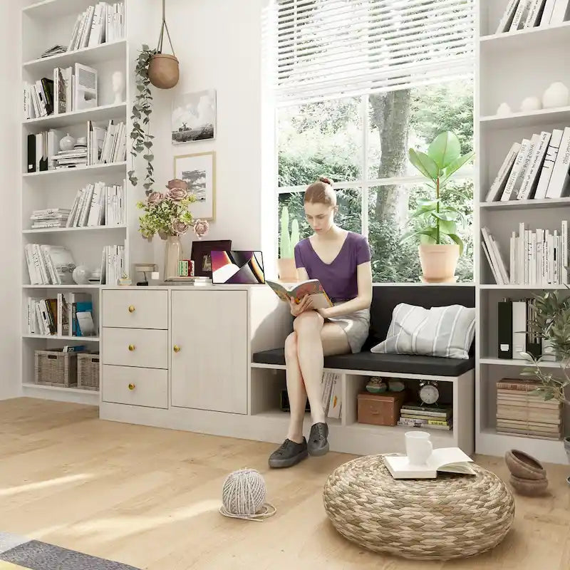 Banc de rangement à chaussures blanc pour entrée avec coussin noir et tiroirs
