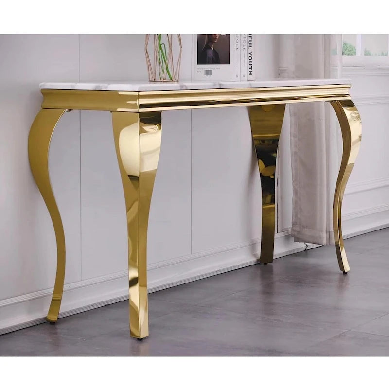 Console de luxe blanche et dorée avec pieds cabriole dorés polis