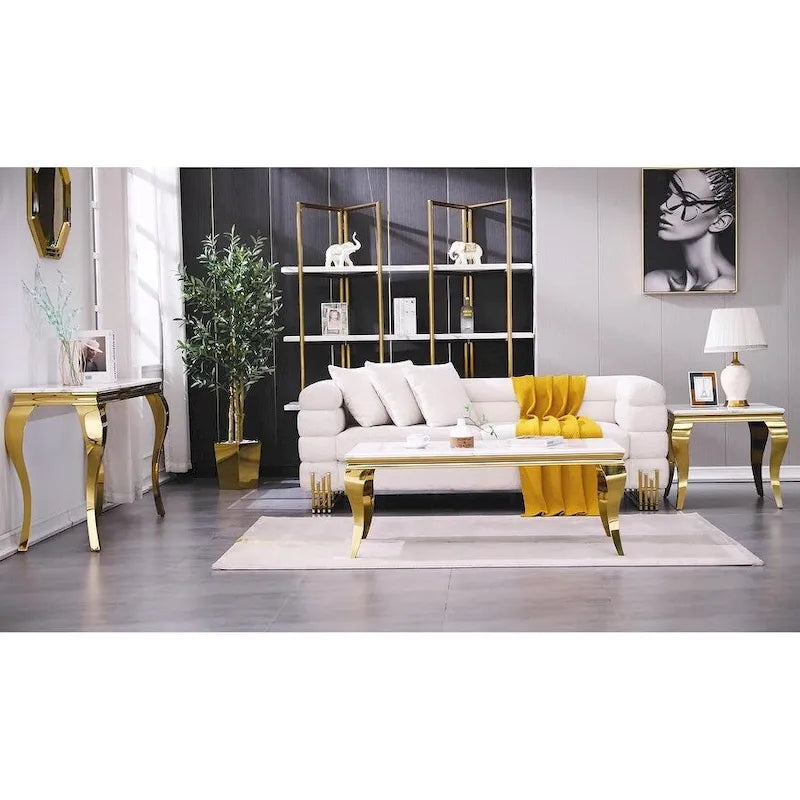 Console de luxe blanche et dorée avec pieds cabriole dorés polis