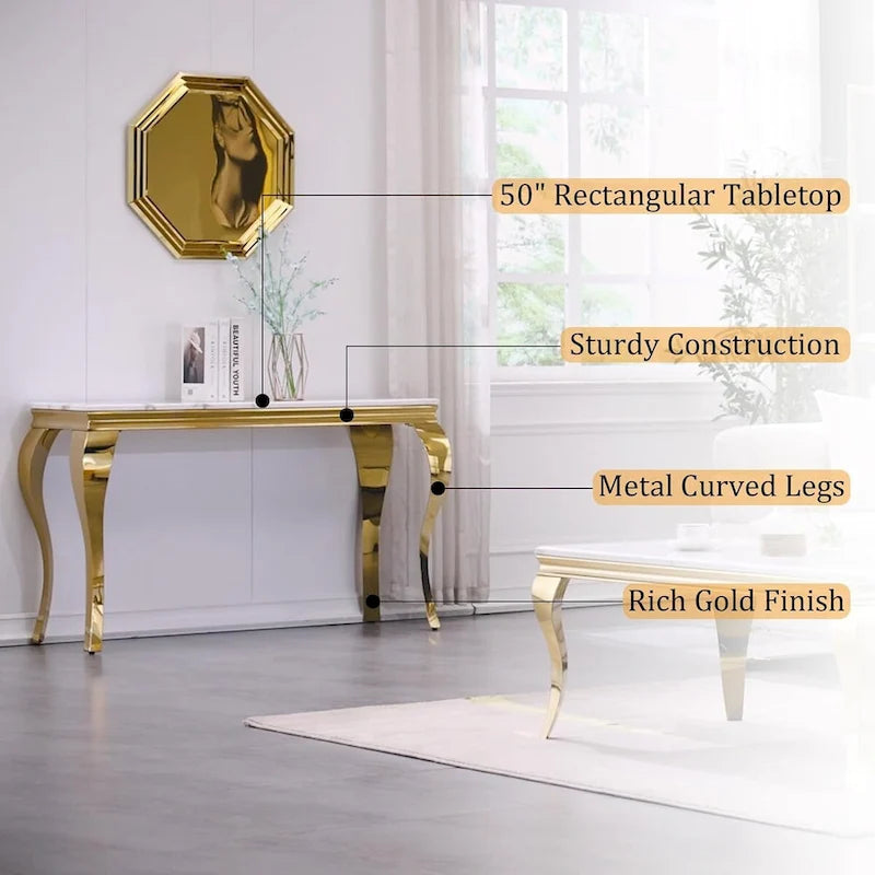 Console de luxe blanche et dorée avec pieds cabriole dorés polis