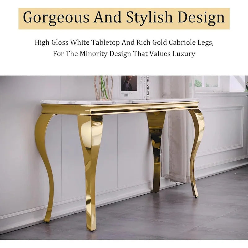 Console de luxe blanche et dorée avec pieds cabriole dorés polis