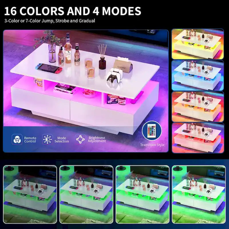 Table basse moderne brillante avec tiroirs et lumières LED pour le salon
