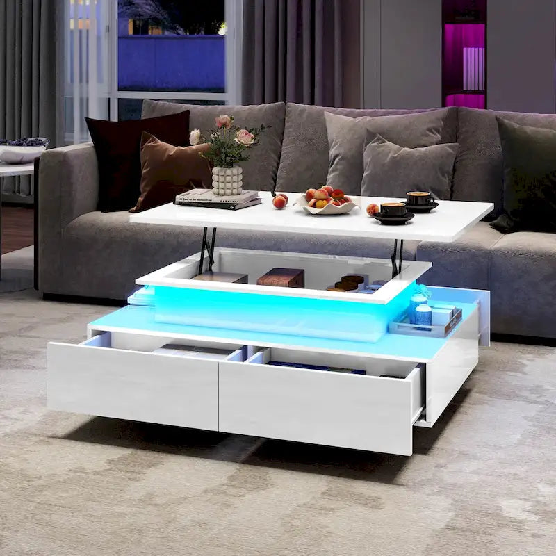 Table basse moderne brillante avec tiroirs et lumières LED pour le salon