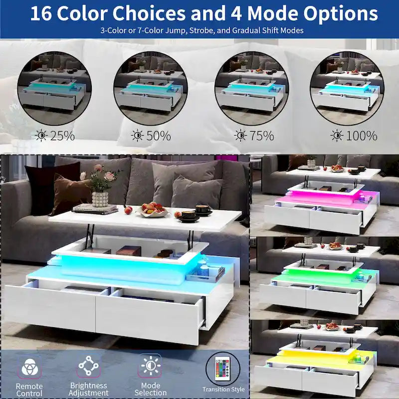 Table basse moderne brillante avec tiroirs et lumières LED pour le salon