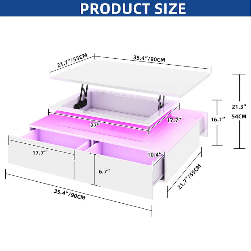 Table basse moderne brillante avec tiroirs et lumières LED pour le salon