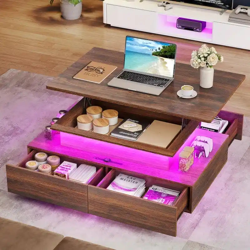 Table basse moderne brillante avec tiroirs et lumières LED pour le salon