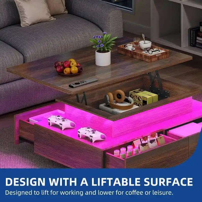 Table basse moderne brillante avec tiroirs et lumières LED pour le salon
