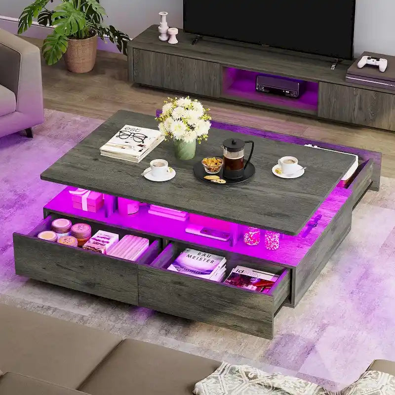 Table basse moderne brillante avec tiroirs et lumières LED pour le salon