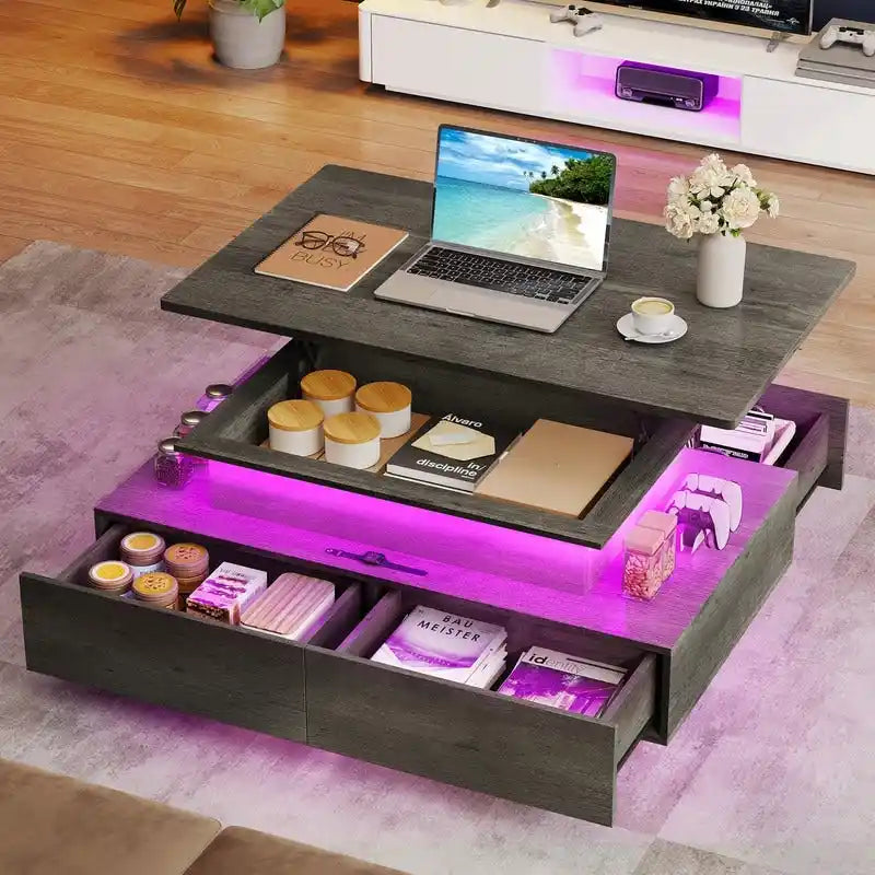 Table basse moderne brillante avec tiroirs et lumières LED pour le salon