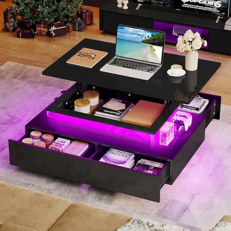 Table basse moderne brillante avec tiroirs et lumières LED pour le salon