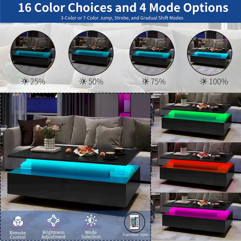 Table basse moderne brillante avec tiroirs et lumières LED pour le salon