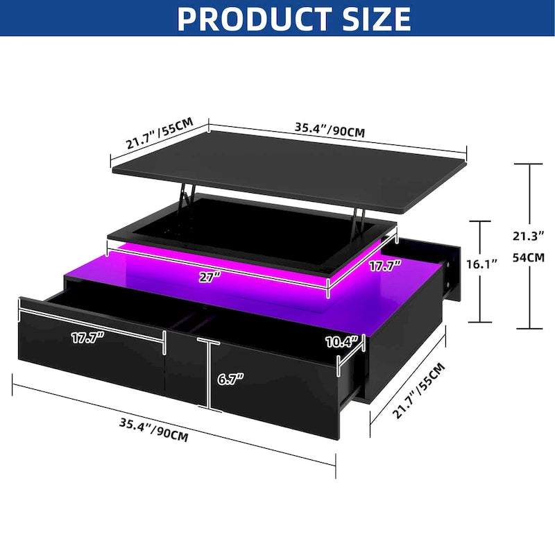 Table basse moderne brillante avec tiroirs et lumières LED pour le salon