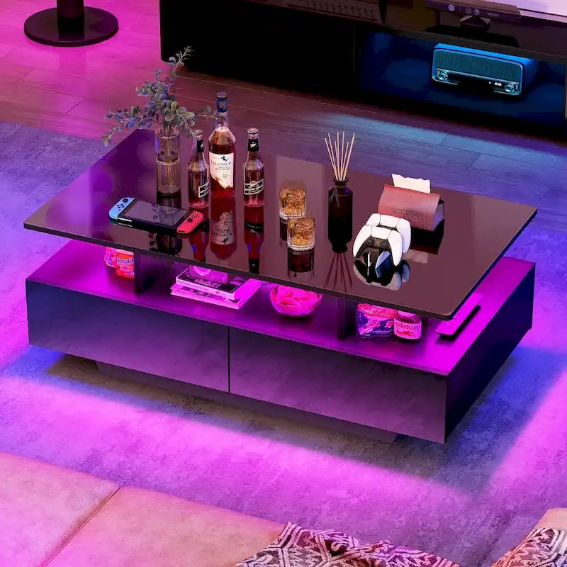 Table basse moderne brillante avec tiroirs et lumières LED pour le salon