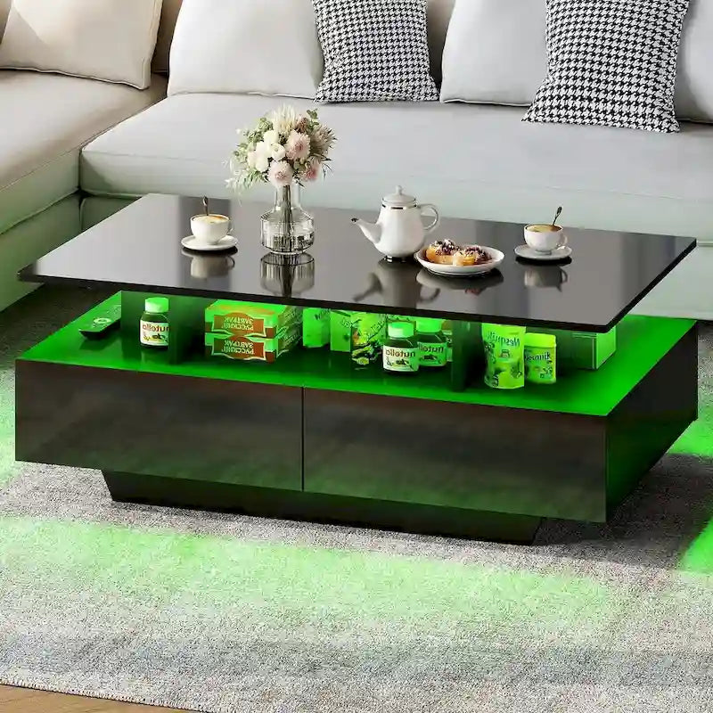 Table basse moderne brillante avec tiroirs et lumières LED pour le salon