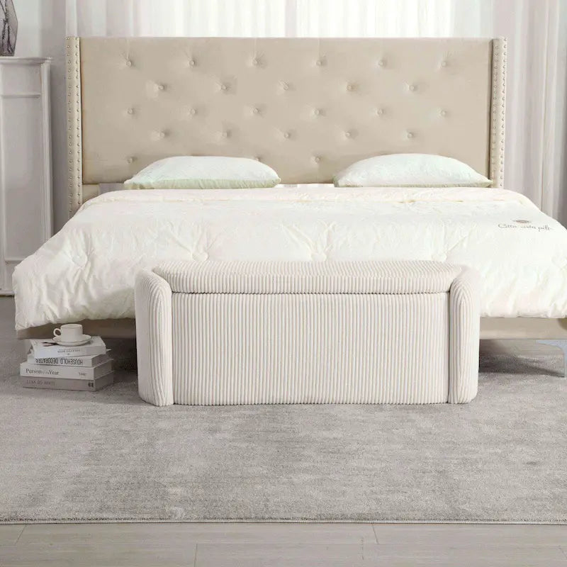 Banc de bout de lit, Pouf de rangement rembourré en tissu avec charnière de sécurité, Repose-pieds rembourré pour entrée,