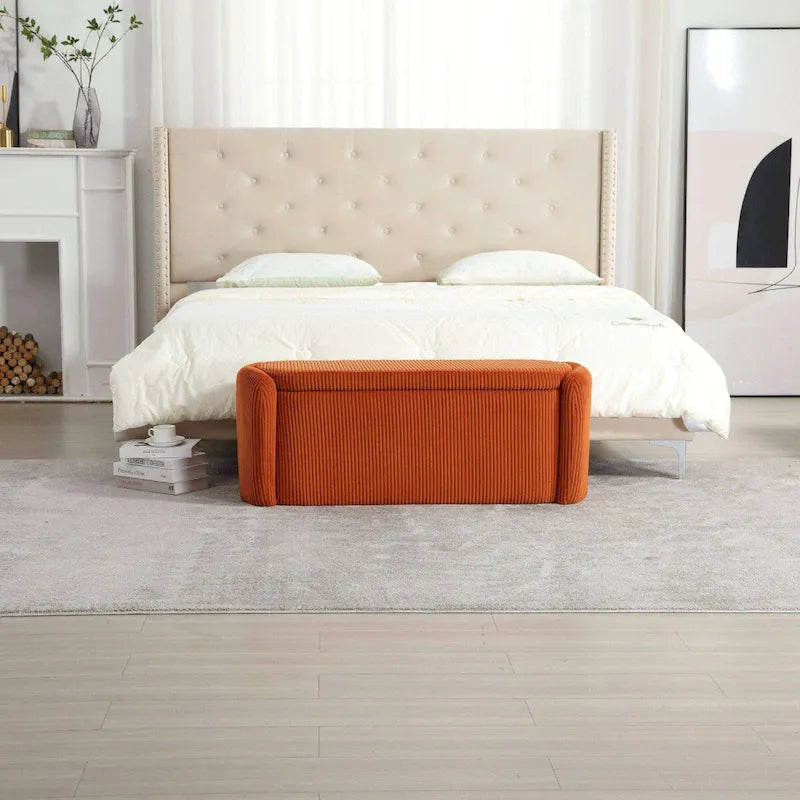 Banc de bout de lit, Pouf de rangement rembourré en tissu avec charnière de sécurité, Repose-pieds rembourré pour entrée,